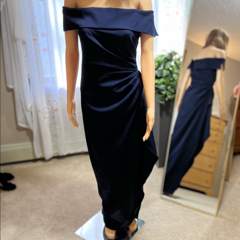 Vince Camuto Off Shoulder Ink Blue Crepe Gown